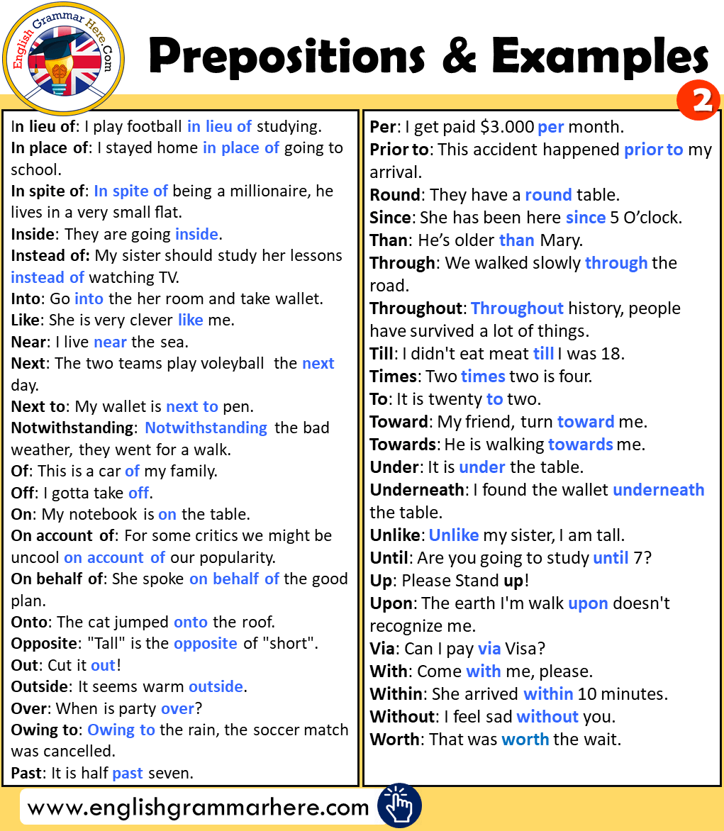 Prepositions and Example Sentences in English