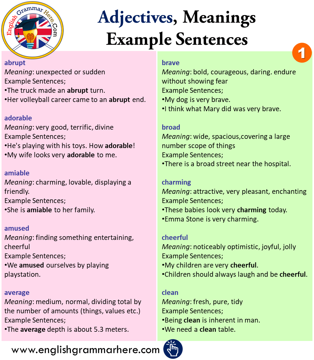 Adjectives, Meanings Example Sentences in English
