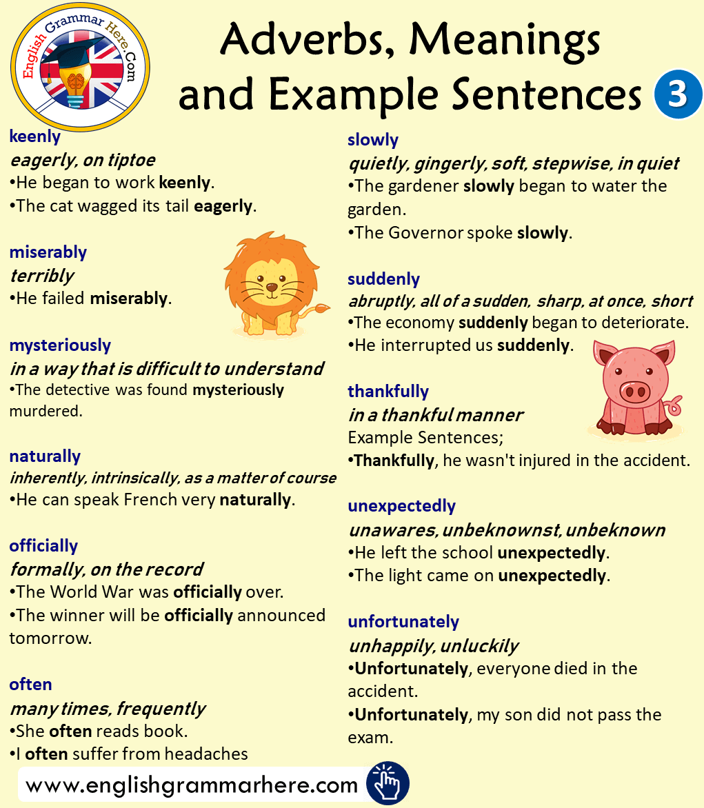 Adverbs, Meanings and Example Sentences in English