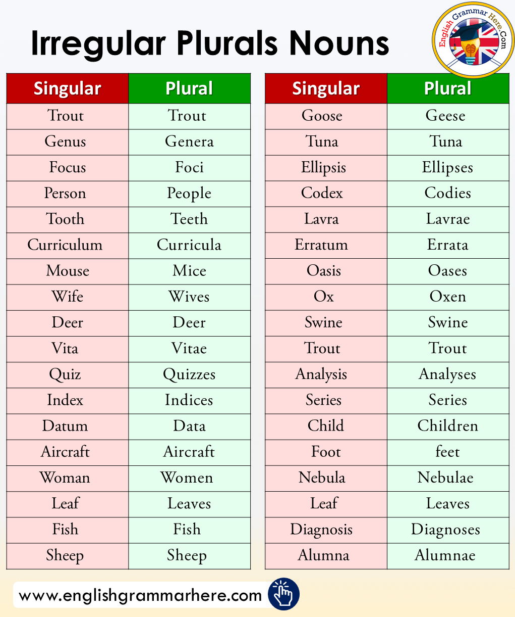 Detailed Irregular Plurals Nouns List in English