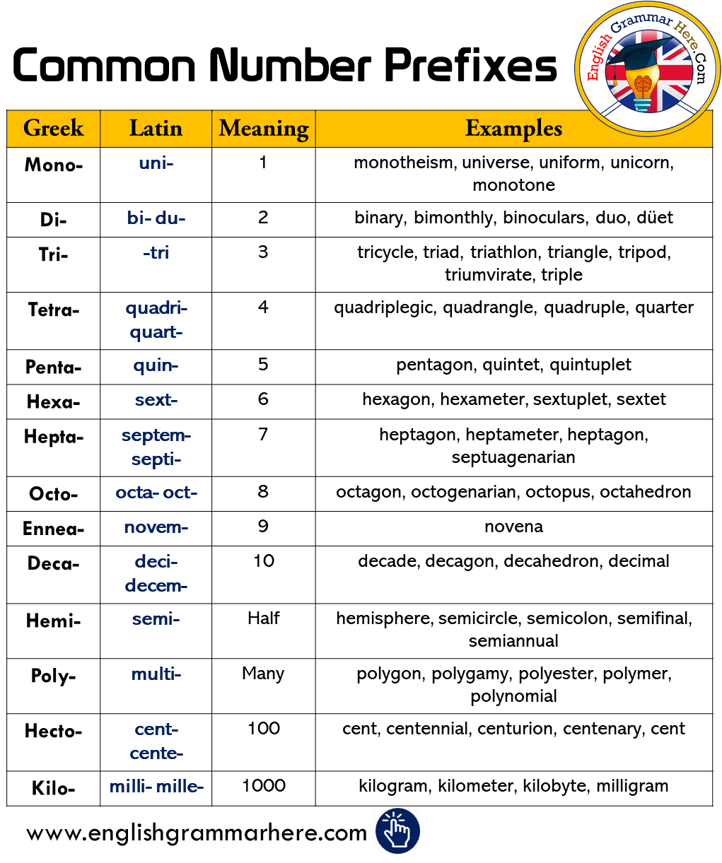 English Common Number Prefixes, Meanings and Examples