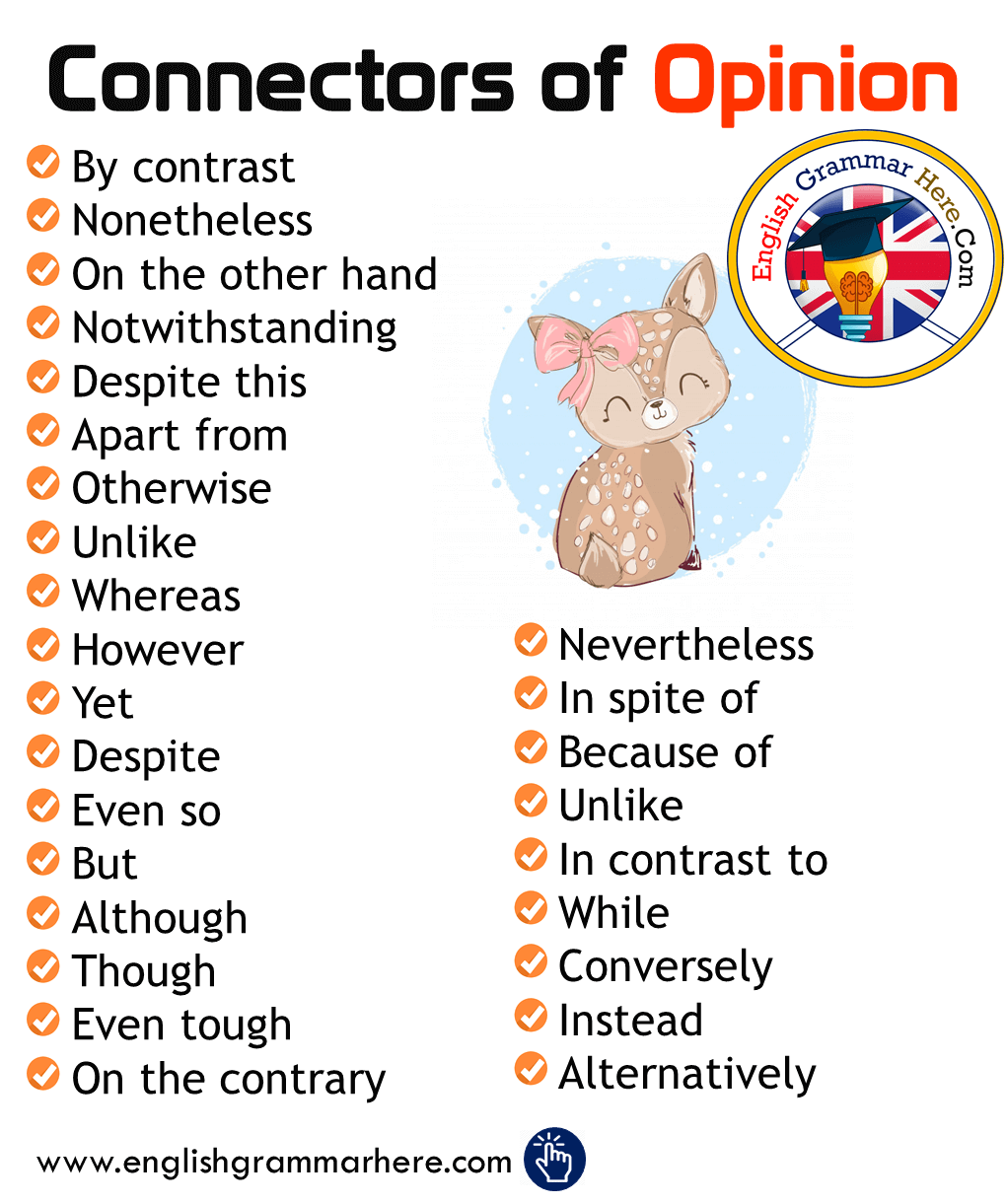 English Conjunctions / Connectors of Opinion List in English