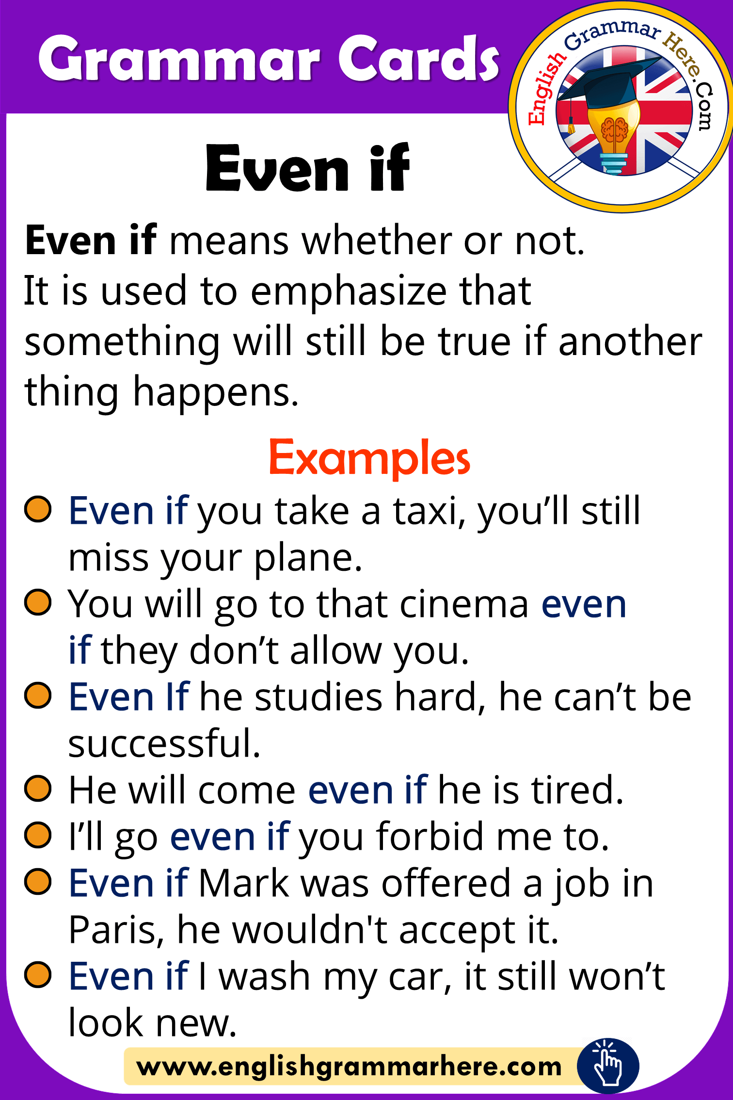 Grammar Cards - Using Even If in English