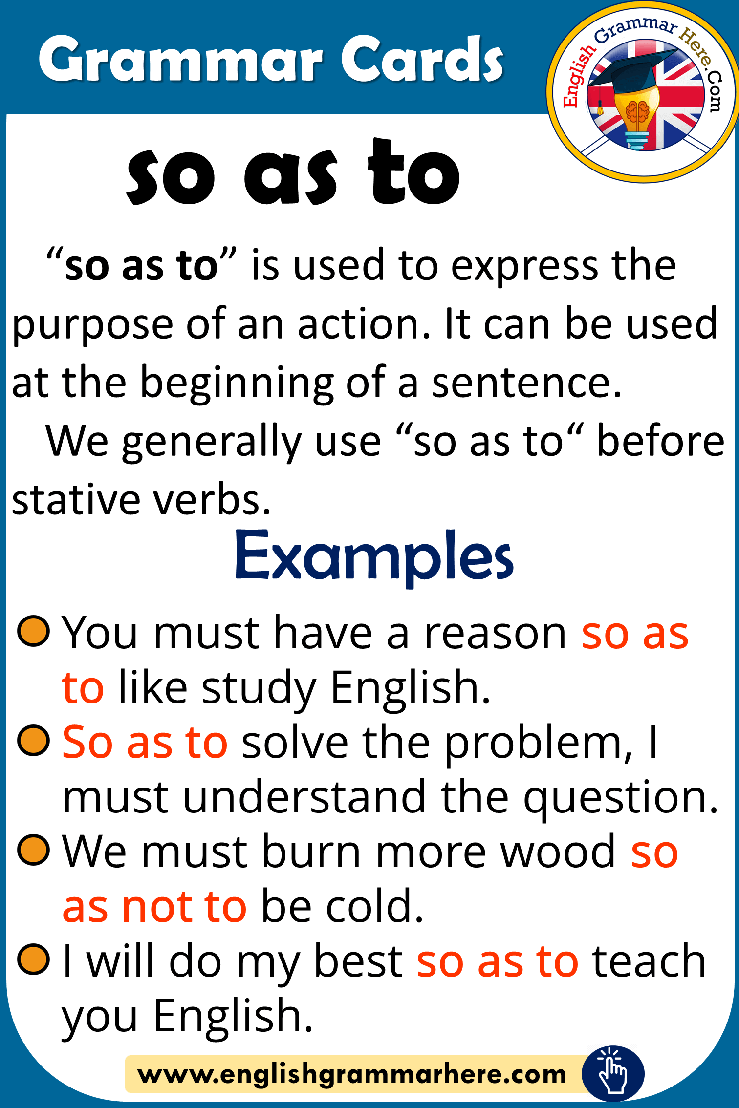 Grammar Cards – Using SO AS TO in English