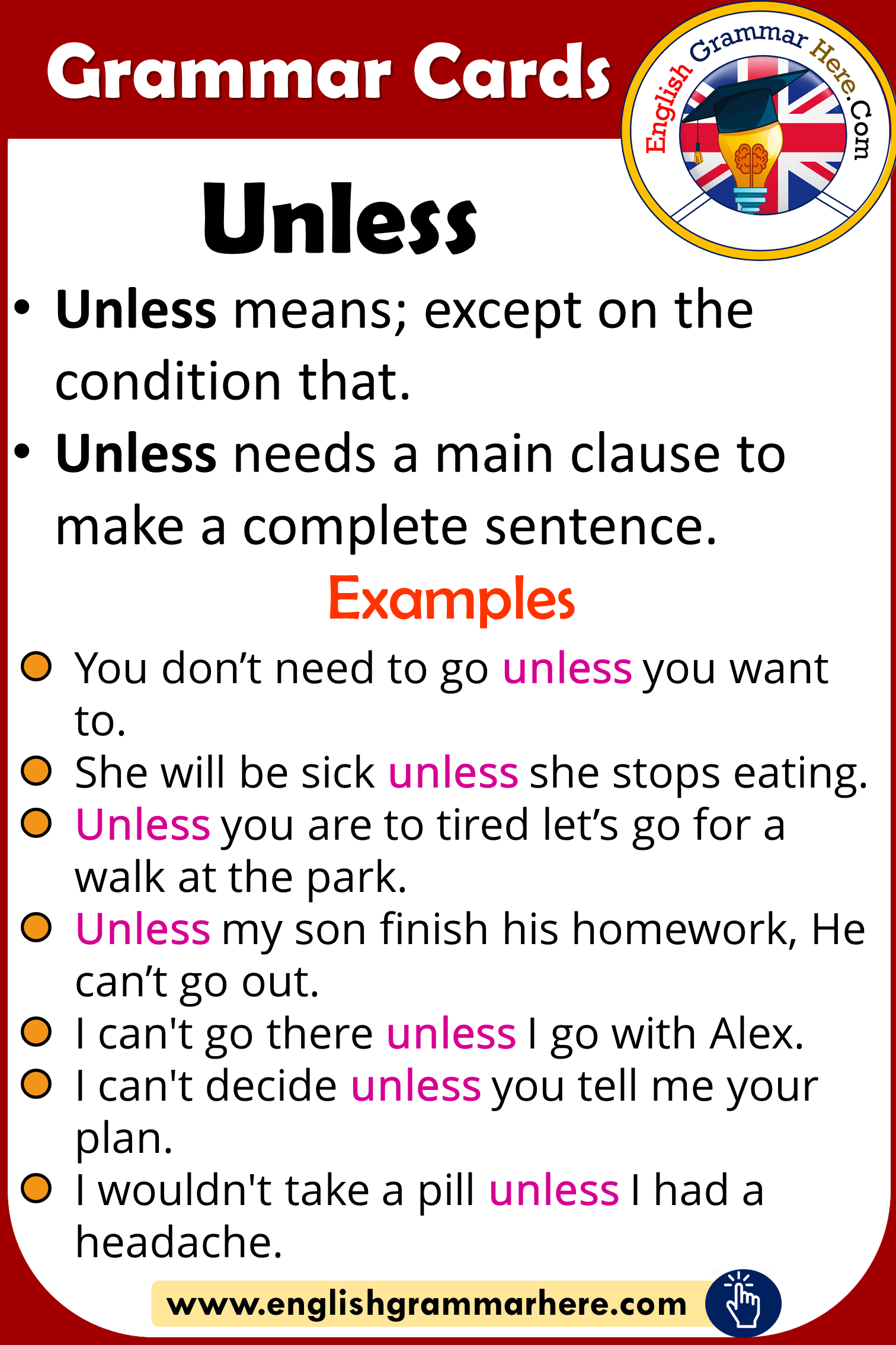 Grammar Cards – Using Unless in English