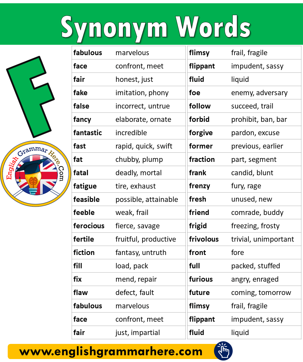 Synonym Words with F in English